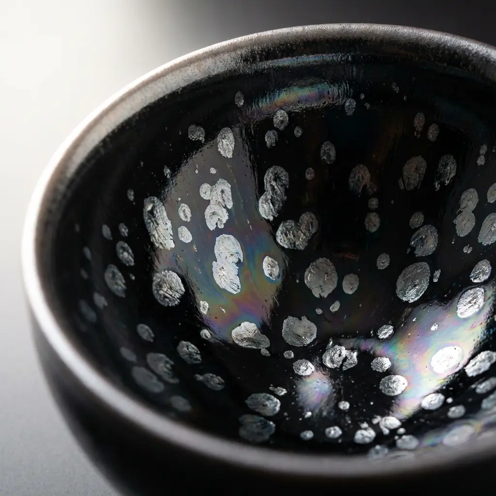 Authentic Tenmoku Tea Cup Oil Spot Glaze Pattern Detail