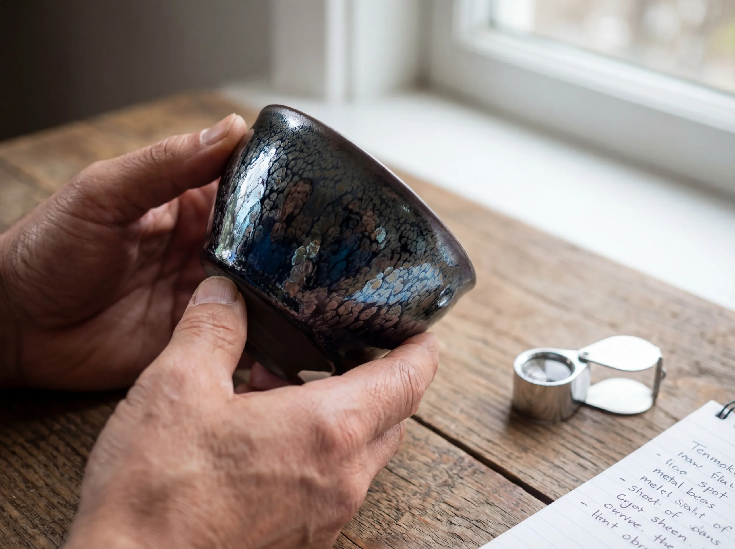 Inspecting Tenmoku Glaze Quality Under Natural Light