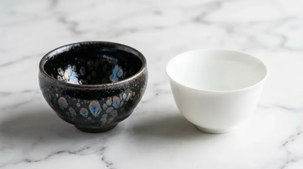 Jian Zhan Black Porcelain Tea Cup vs Fine White Porcelain Tea Cup Side by Side Comparison