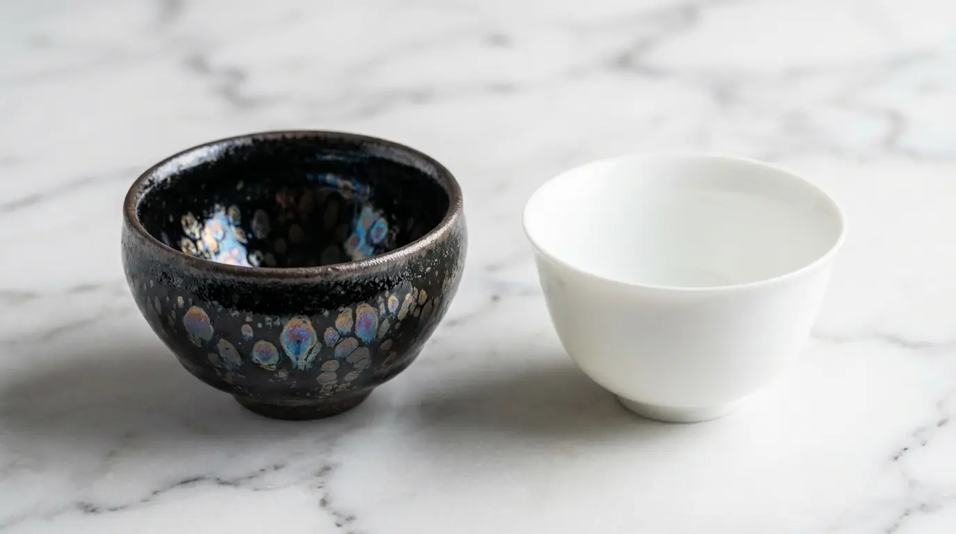 Jian Zhan Black Porcelain Tea Cup vs Fine White Porcelain Tea Cup Side by Side Comparison
