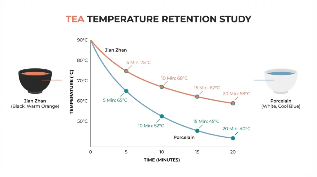 Jian Zhan vs Porcelain Tea Cup Heat Retention Comparison Chart Over 20 Minutes