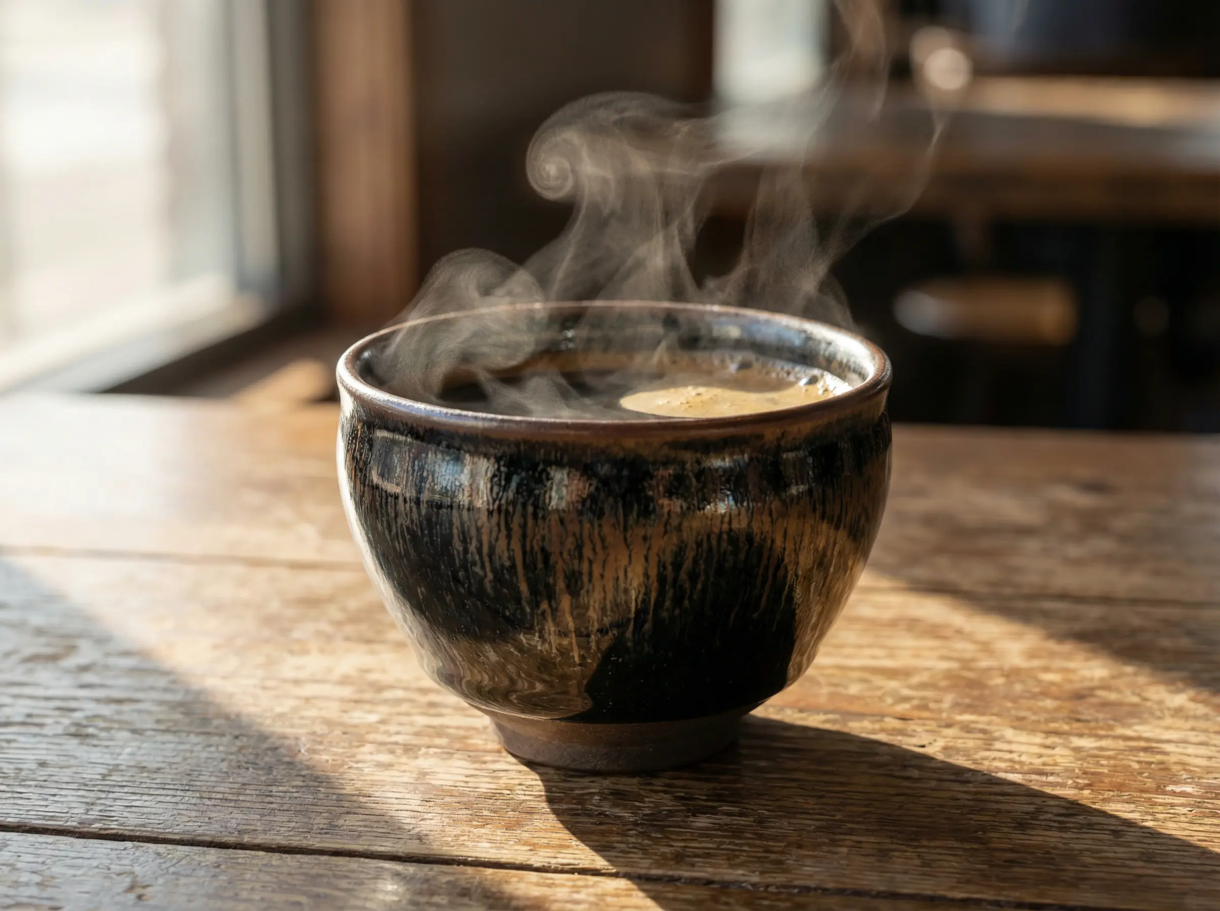 Tenmoku Cup with Fresh Coffee Traditional Ceramic Coffee Cup