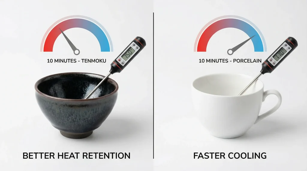 Best Teas to Drink from a Tenmoku Cup: Oolong, Pu-erh, or Matcha? 2 Tenmoku cup heat retention demonstration with temperature chart