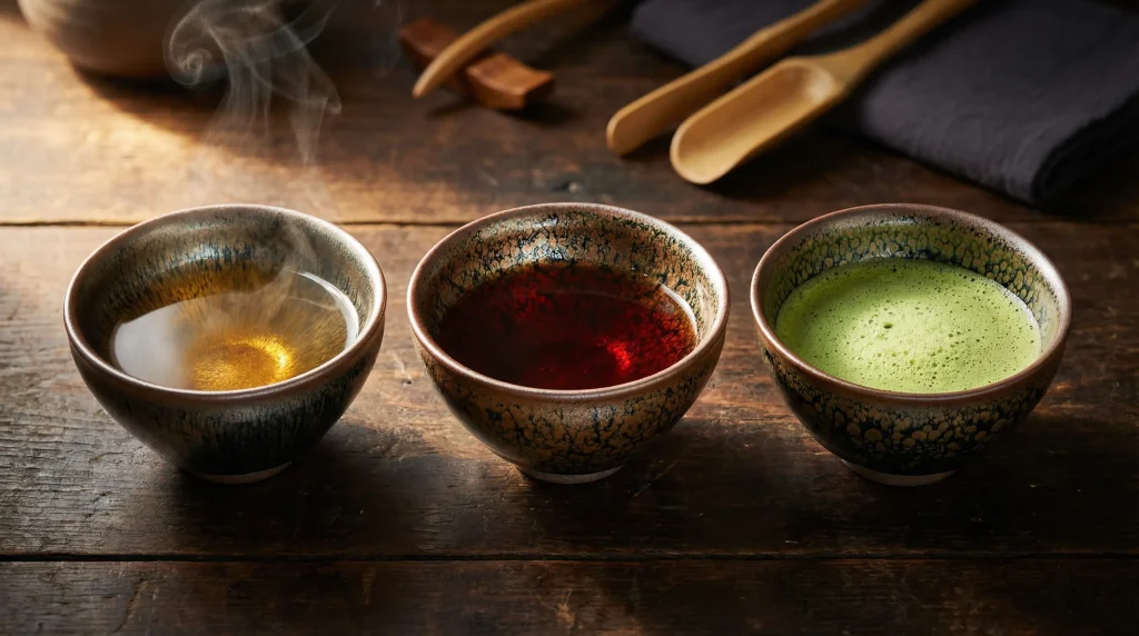 Three teas in Tenmoku cups comparison Oolong Pu erh Matcha