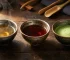 Three teas in Tenmoku cups comparison Oolong Pu erh Matcha