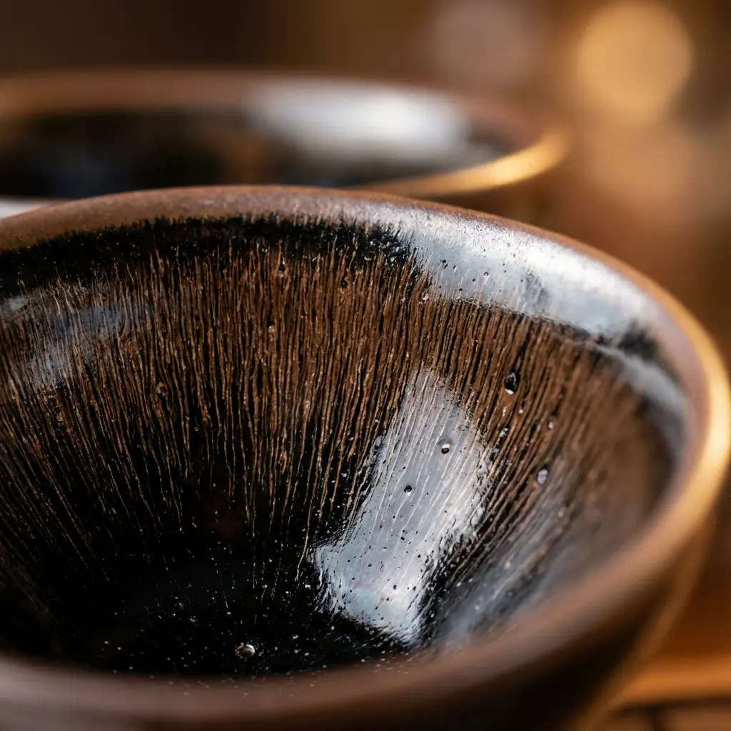Traditional Jian Zhan Tea Cup Showing Hare's Fur Glaze Pattern and Thick Wall Construction