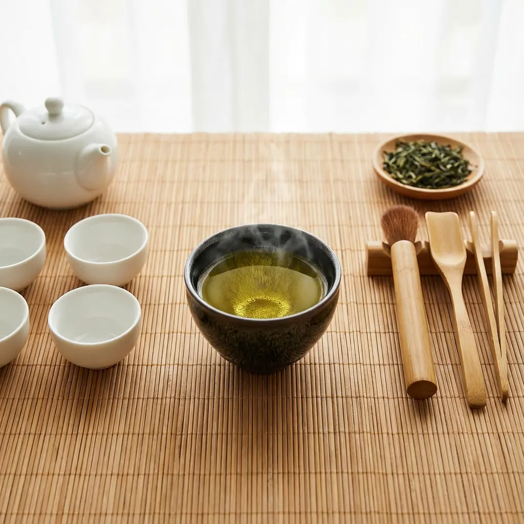 Traditional Tea Ceremony Setup with Jian Zhan Black Porcelain Cup and Porcelain Teaware on Bamboo Mat