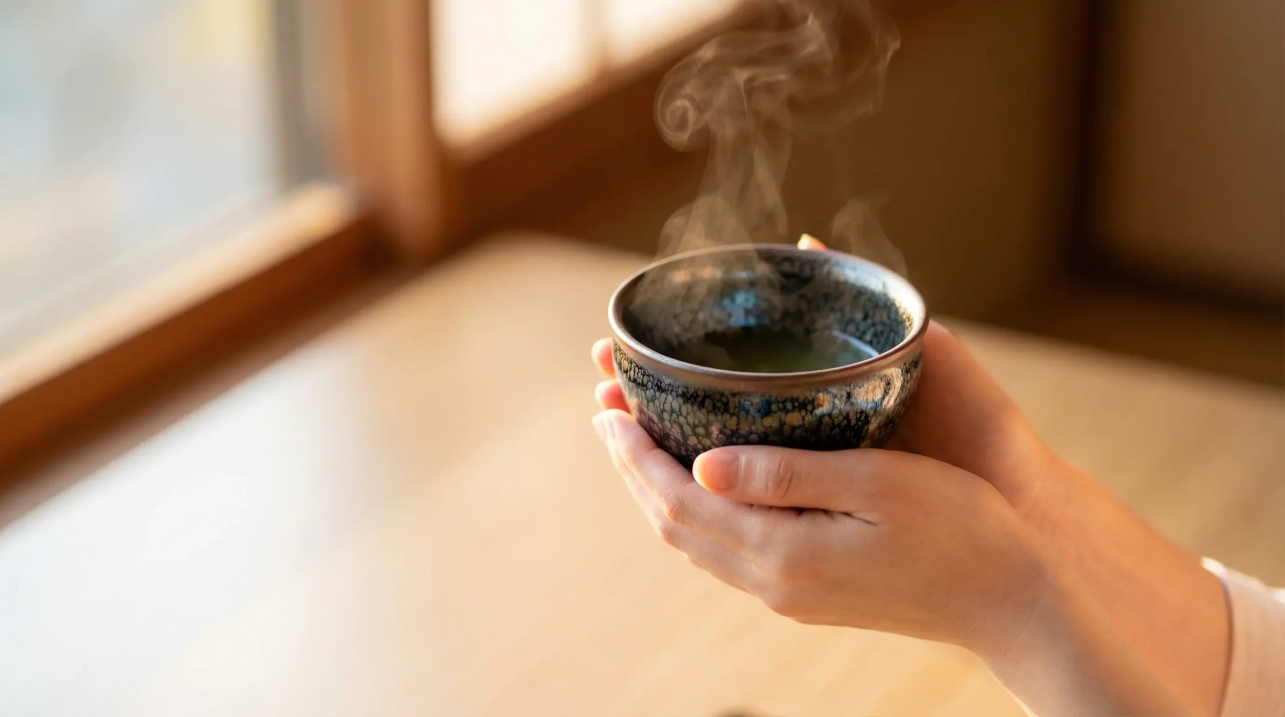 Woman Holding Handcrafted Tenmoku Tea Cup During Morning Ritual