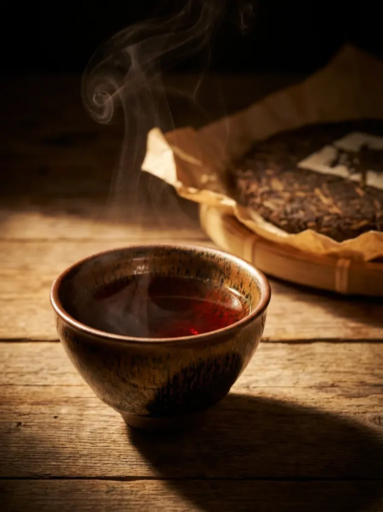 aged puerh tea tenmoku cup hares fur glaze