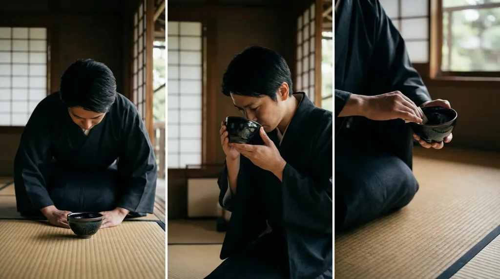 How to Use a Tenmoku Tea Cup in Japanese Tea Ceremony 4 Drinking tea from tenmoku bowl steps