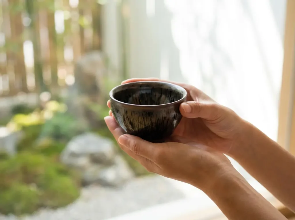 Hand holding medium jian zhan tea cup size reference