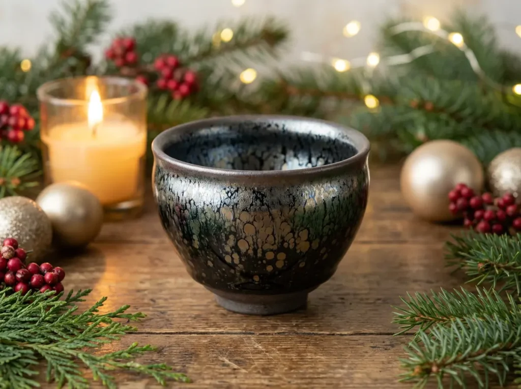 Handcrafted Tenmoku tea cup with oil spot glaze on Christmas table setting with pine branches and gold ornaments