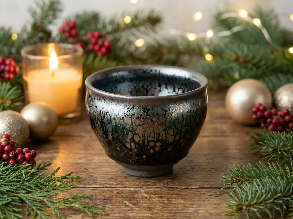 Handcrafted Tenmoku tea cup with oil spot glaze on Christmas table setting with pine branches and gold ornaments