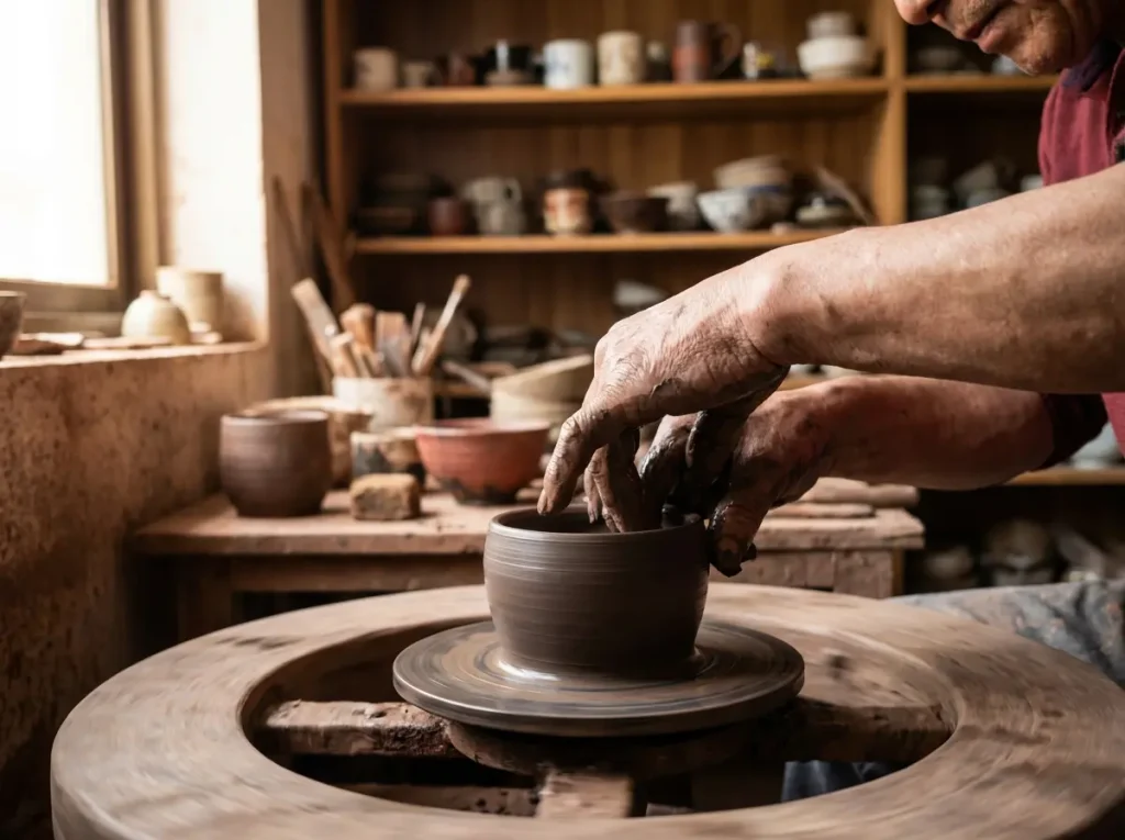 Master artisan hand-throwing Tenmoku tea cup on pottery wheel in traditional Chinese ceramic workshop showing handcrafted process