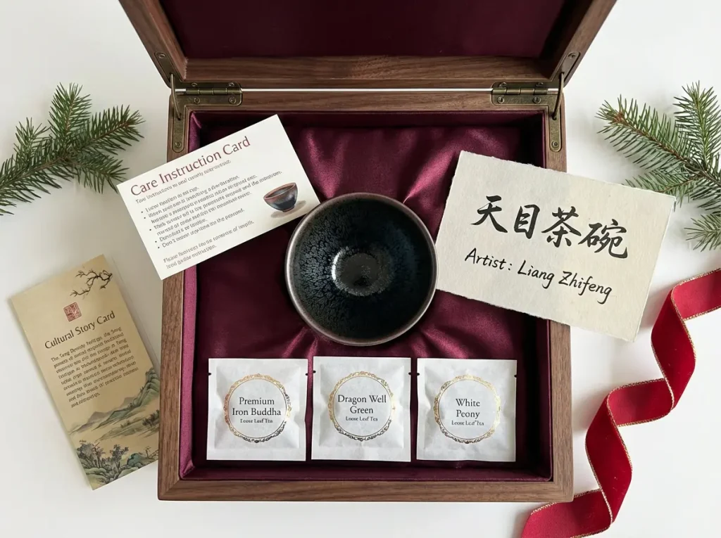 Luxury Tenmoku tea cup gift set in elegant presentation box with silk lining, artist certificate, and premium tea samples for Christmas gifting