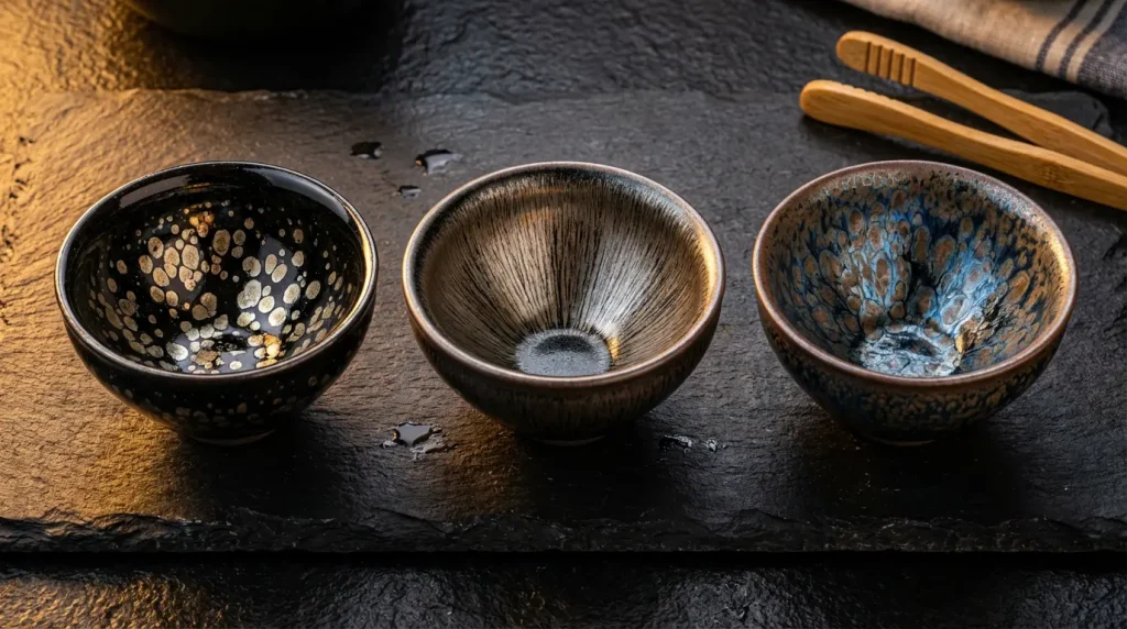 Jian Zhan Glaze Types Oil Spot vs Hare's Fur vs Partridge Feather Comparison