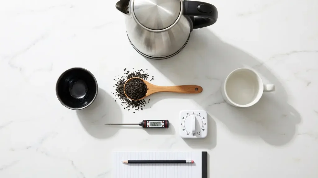 Tenmoku vs. Your Starbucks Mug: A Surprising Taste Test Experiment 3 Tea Taste Test Setup Materials and Equipment Layout