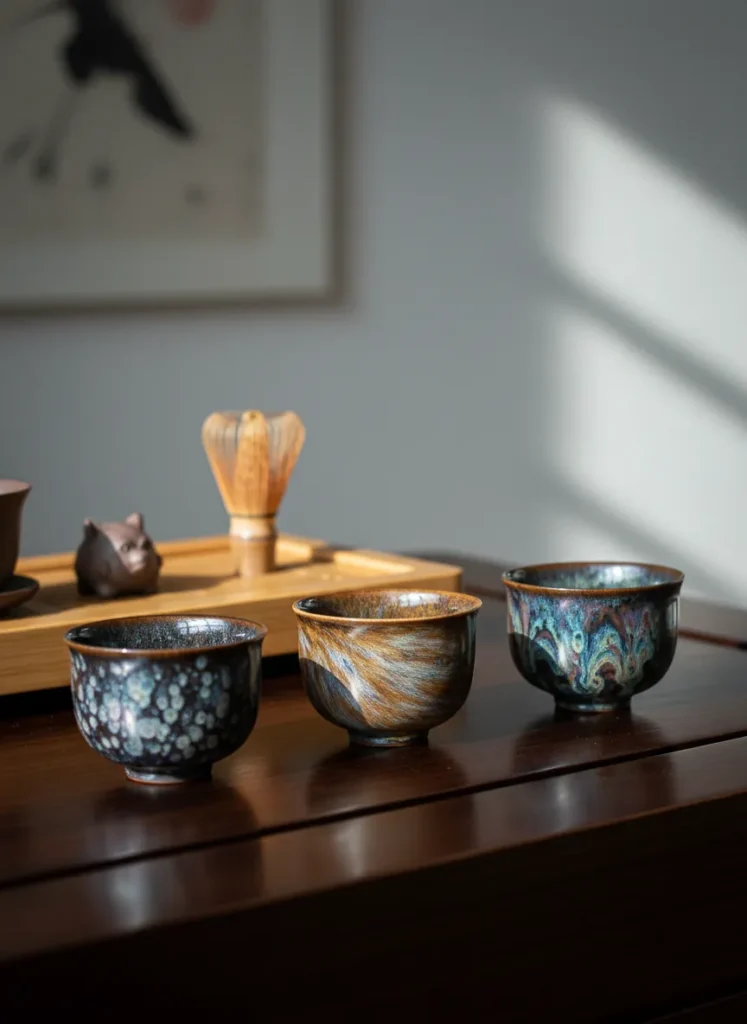 Three beautiful tenmoku tea cups showing different glaze patterns oil spot hares fur and yao bian arranged on dark wooden tea table