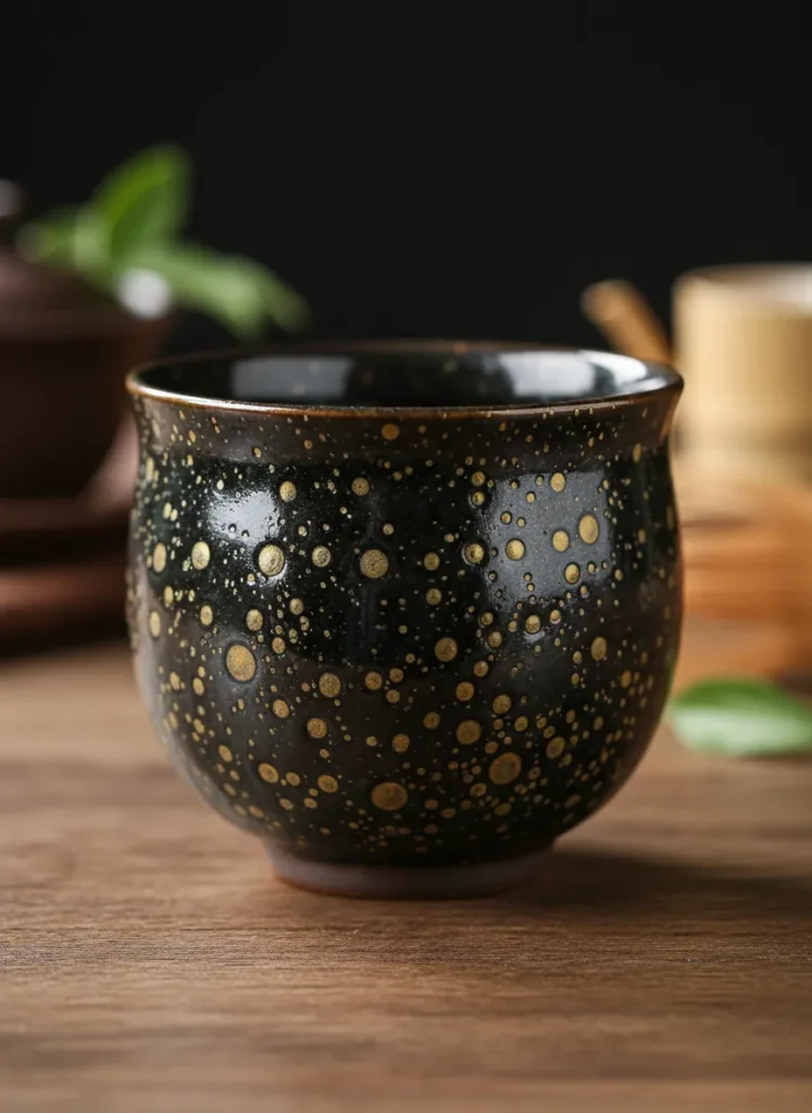 Best Tenmoku Tea Cups for Beginners in 2025: What to Buy First 3 Close-up of oil spot tenmoku tea cup with golden metallic droplets on black glaze ideal beginner-friendly pattern