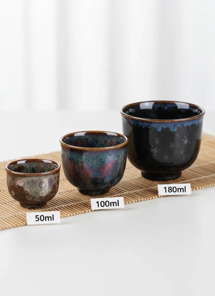 Best Tenmoku Tea Cups for Beginners in 2025: What to Buy First 4 Three tenmoku tea cups in small 50ml medium 100ml and large 180ml sizes side by side showing size comparison