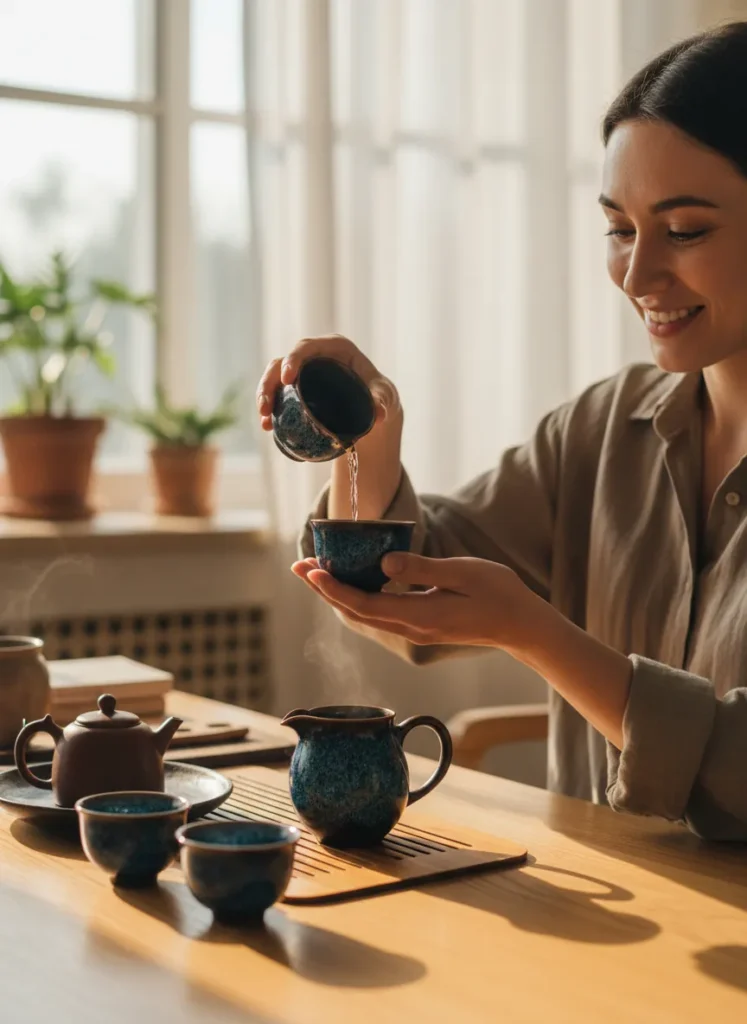 Best Tenmoku Tea Cups for Beginners in 2025: What to Buy First 5 Happy beginner pouring tea into their first tenmoku tea cup at home with gongfu tea setup on wooden table