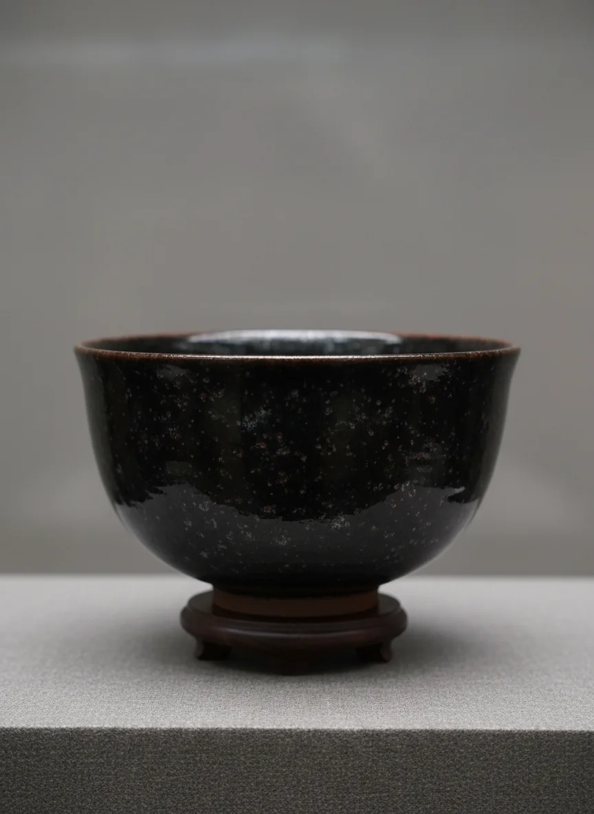 Jian Zhan black glaze tea bowl with deep lustrous surface and subtle crystalline patterns