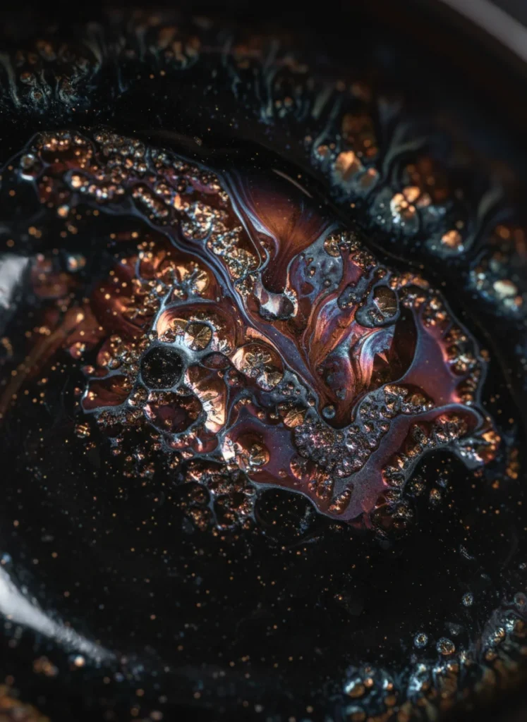 Macro detail of Jian Zhan black glaze iron oxide crystallization showing depth and shimmer