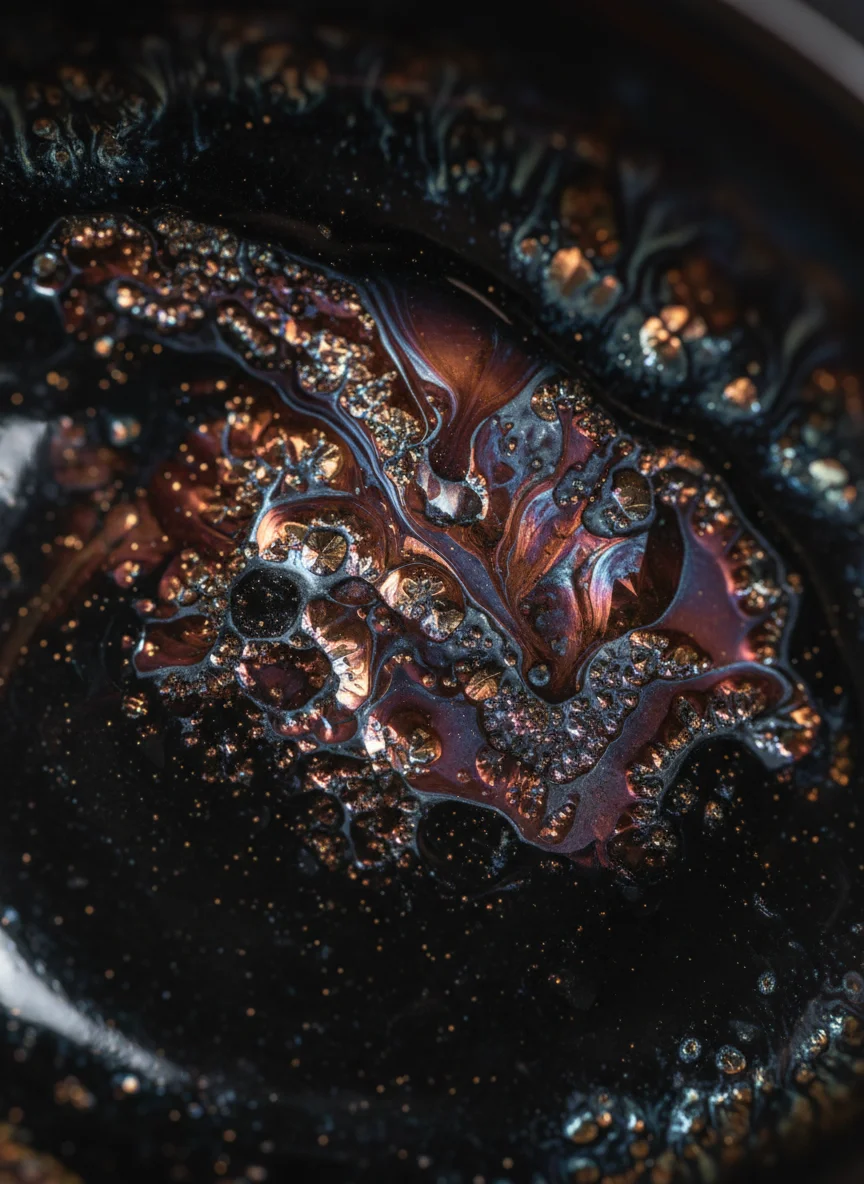 Macro detail of Jian Zhan black glaze iron oxide crystallization showing depth and shimmer