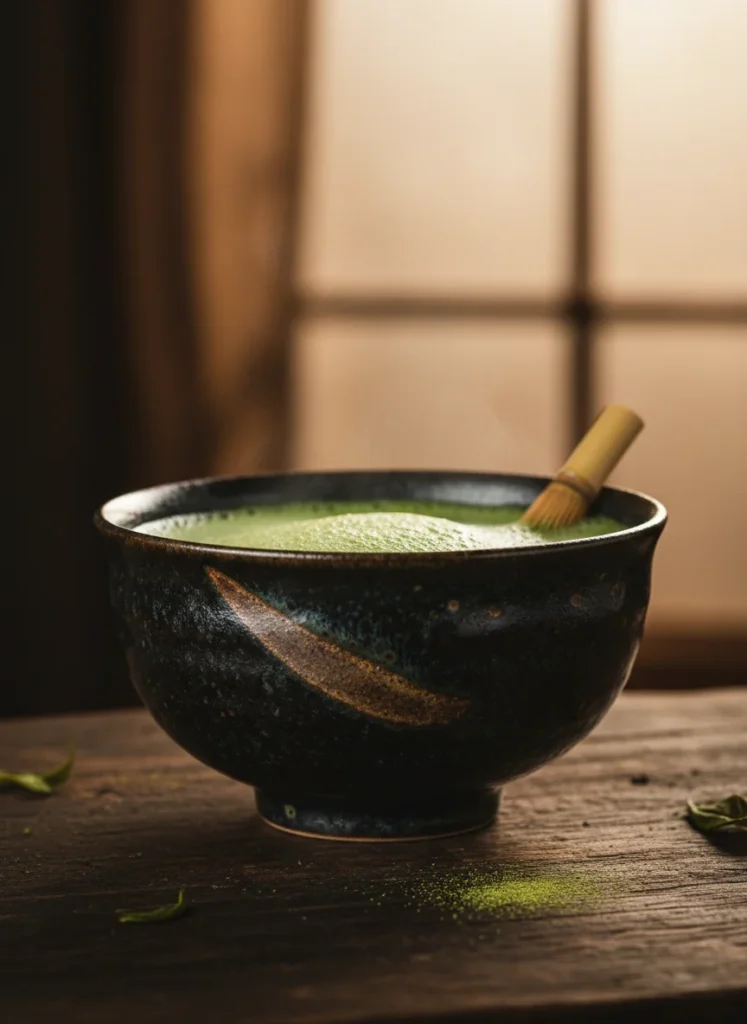 Understanding the "Black Glaze" of Jianzhan: A Deep Dive into the Art of Chinese Pottery 5 Jian Zhan black glaze bowl with matcha showing warm patina from regular use