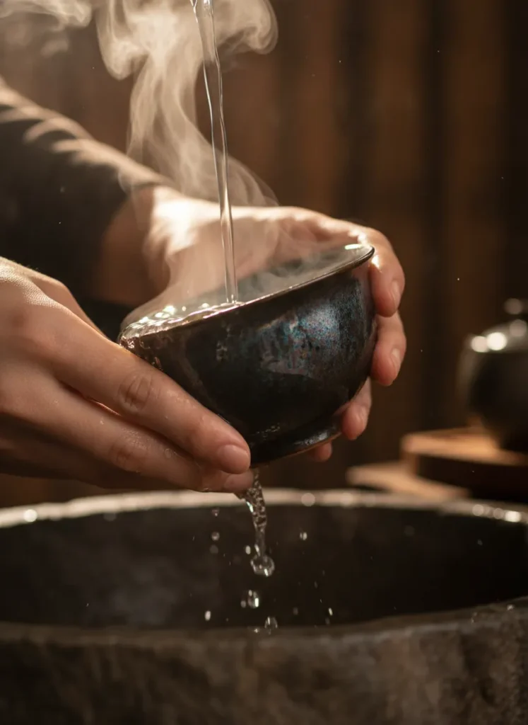 Hands rinsing a Jian Zhan tea cup under warm running water, showing the proper daily cleaning method for Tenmoku tea bowls