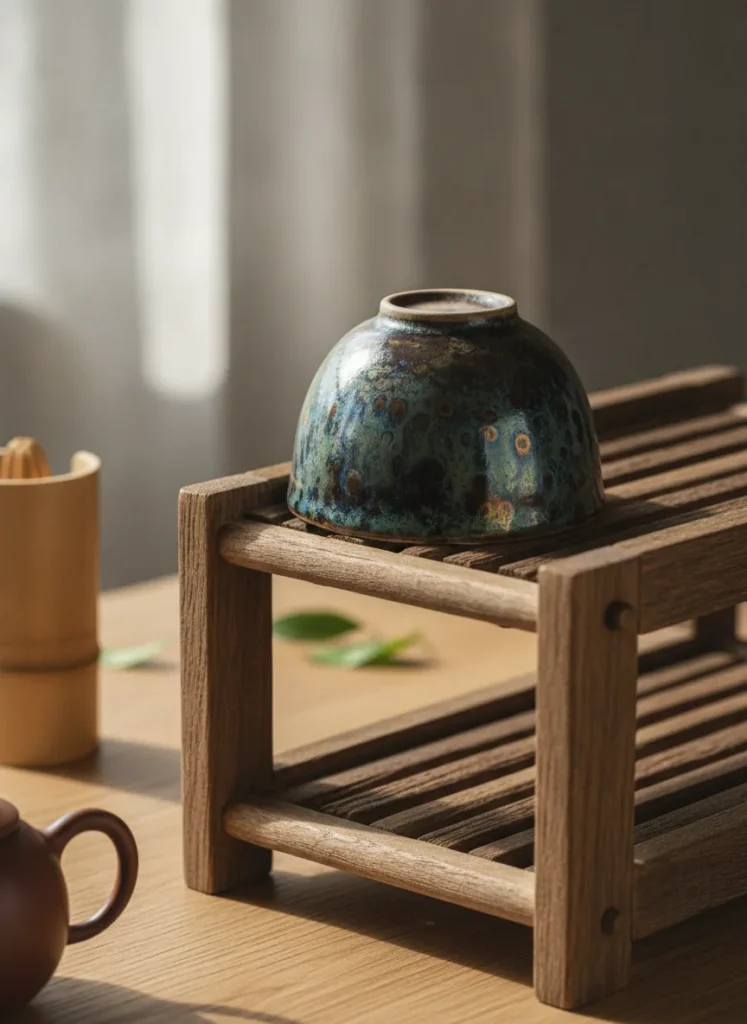 Oil spot glaze Jian Zhan tea cup placed upside down on a wooden drying rack, demonstrating proper air drying technique after cleaning