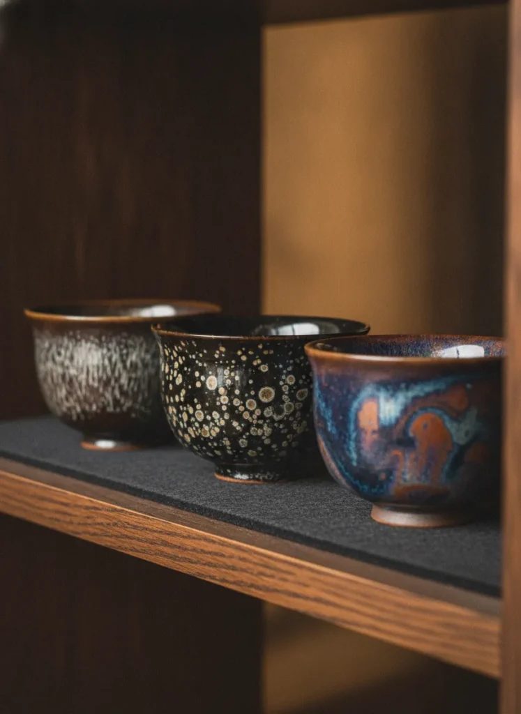 Collection of three Jian Zhan Tenmoku tea cups on a felt-lined wooden shelf showing hare's fur, oil spot, and yao bian glaze patterns for proper display and storage