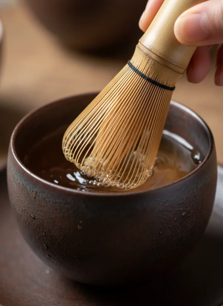 Soft bamboo brush gently cleaning the interior of a dark Jian Zhan tea cup during monthly deep cleaning, removing tea tannin stains without damaging the glaze