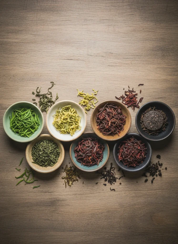 Six types of Chinese tea leaves showing color gradient from green to dark