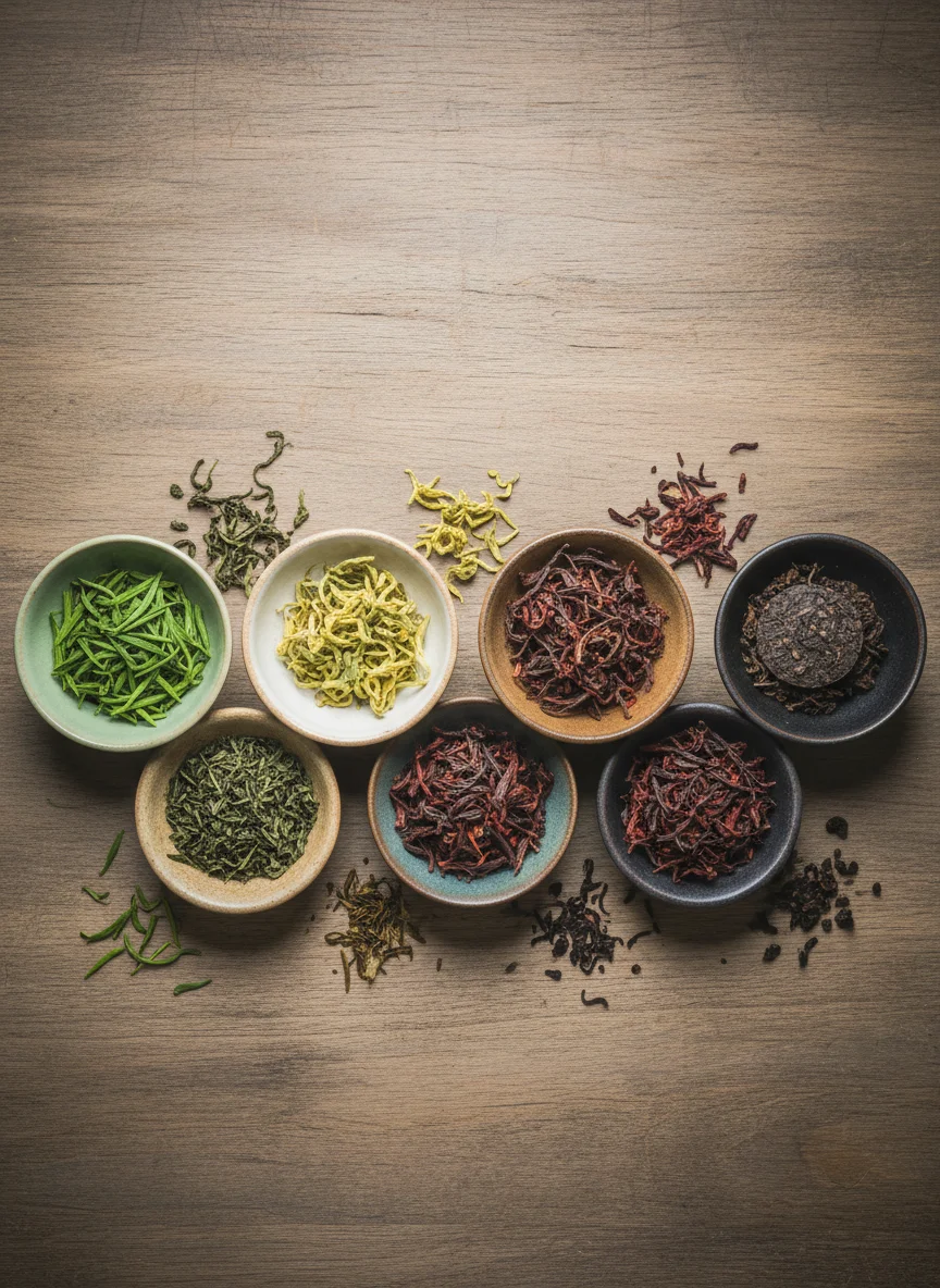 Six types of Chinese tea leaves showing color gradient from green to dark