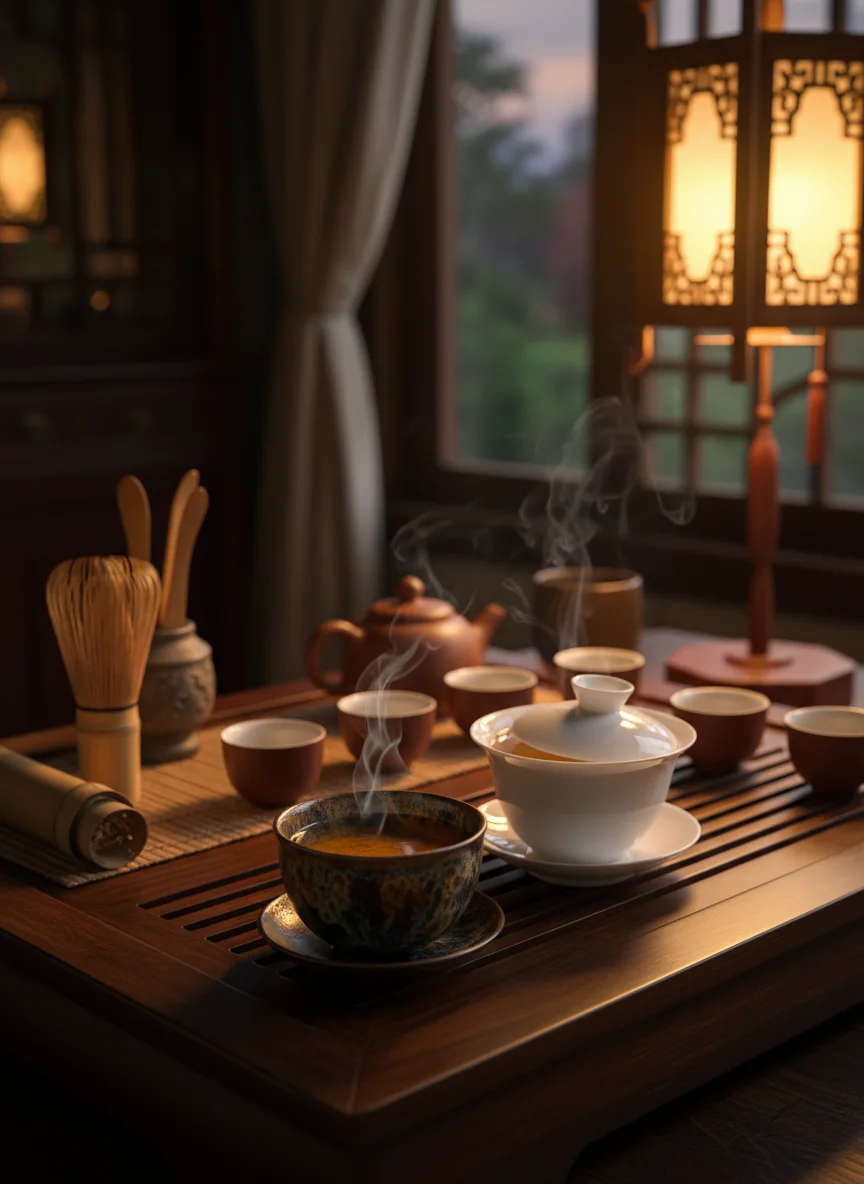 Chinese gongfu tea ceremony with oolong in Tenmoku cup and gaiwan