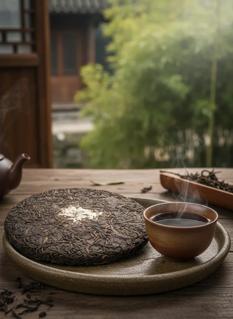 Chinese Tea Types Explained: Green, White, Oolong, Pu'er 4 Aged Pu'er tea cake and dark tea liquor in cup from Yunnan
