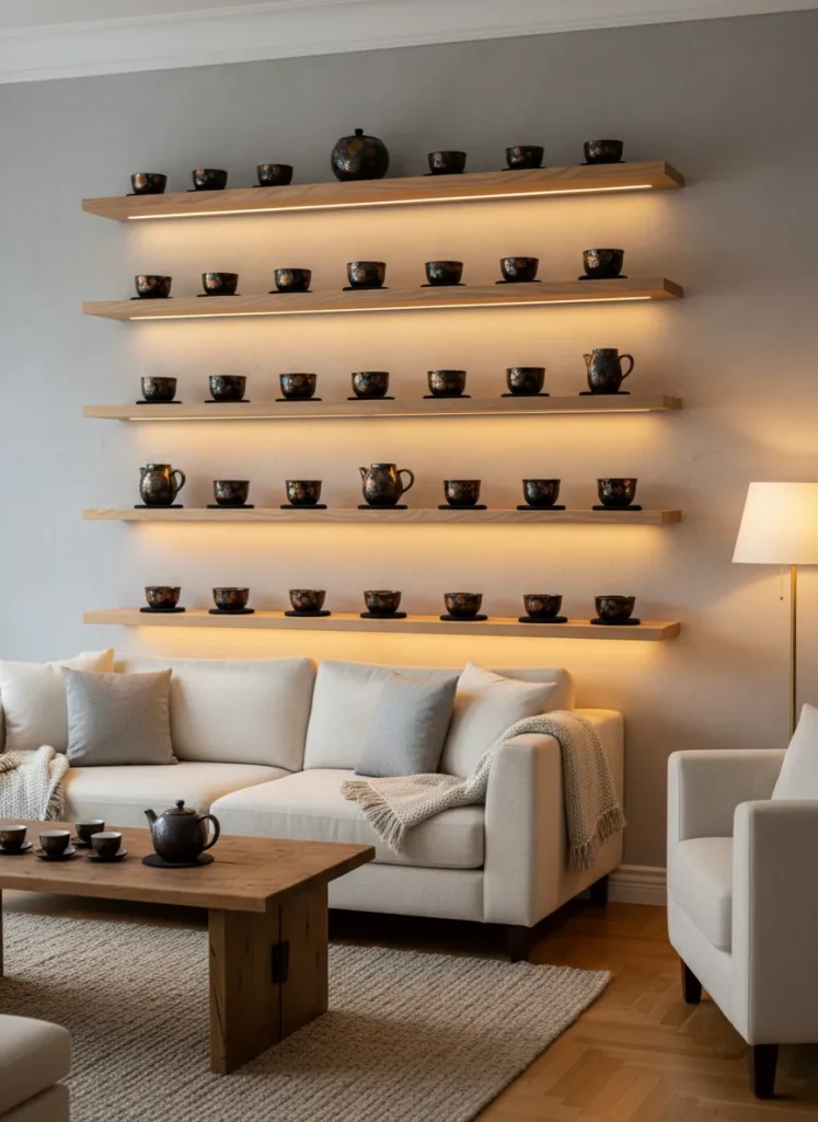 Floating wooden shelves with warm LED accent light showcasing a collection of Jian Zhan Tenmoku tea cups with oil spot glaze patterns in a cozy living room
