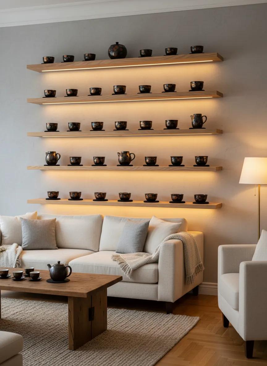 Floating wooden shelves with warm LED accent light showcasing a collection of Jian Zhan Tenmoku tea cups with oil spot glaze patterns in a cozy living room