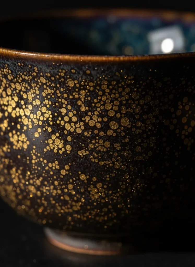 Close-up of a Jian Zhan Tenmoku tea cup interior showing golden oil spot Yuteki glaze pattern with metallic crystalline droplets shimmering under warm directional side lighting