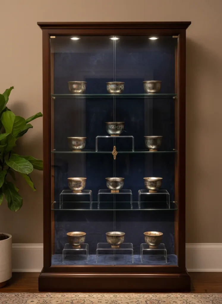 Elegant glass-front curio cabinet displaying a curated Jian Zhan tea cup collection on dark navy velvet backing with interior LED puck lighting in museum-quality arrangement