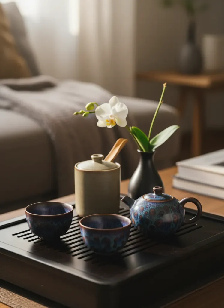 Minimalist tea ceremony corner setup on a dark bamboo tray with Jian Zhan tea cups, small teapot, tea caddy and bamboo scoop with a single flower stem in warm-lit home setting