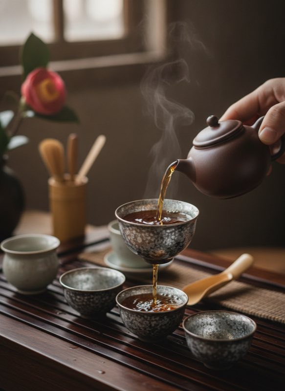 Silver oil jianzhan tea bowl during gongfu cha tea ceremony