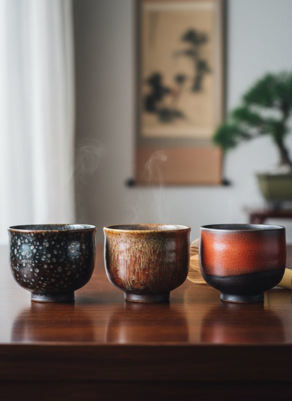 Jian Zhan tea cups in three sizes with distinct glaze patterns Three Jian Zhan tea cups showing different sizes and glaze patterns side by side