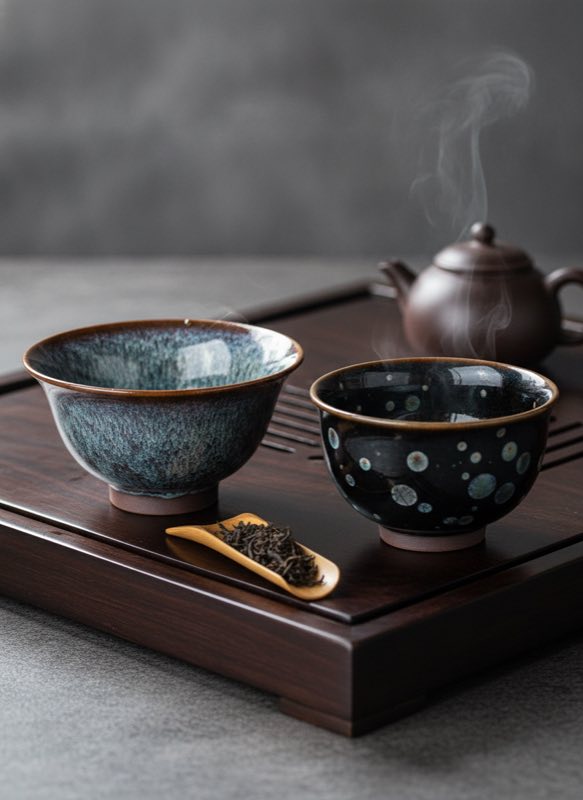 Jian Zhan tea bowl shape comparison showing size differences Comparison of different Jian Zhan tea bowl shapes and sizes arranged side by side
