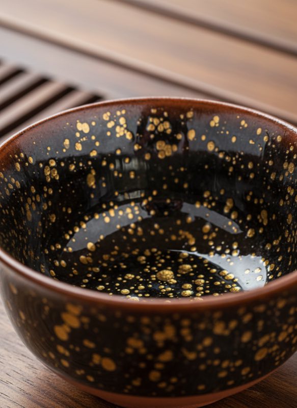 Yuteki Jian Zhan tea cup in hand demonstrating comfortable grip Golden oil spot Yuteki Jian Zhan tea cup held in hand showing size proportion