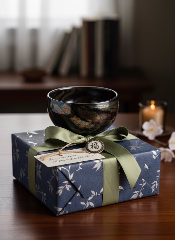 Tenmoku tea cup gift box with oil-spot glaze bowl in silk cushion