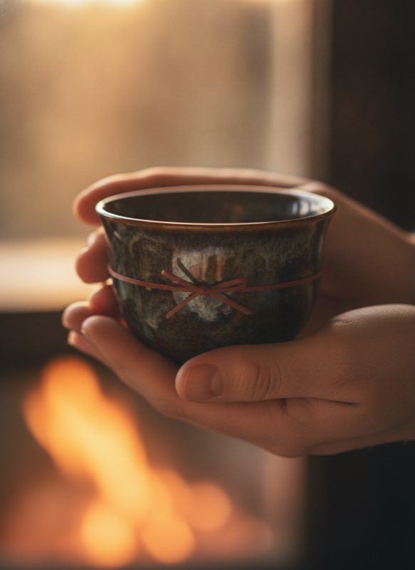 Hands holding tenmoku tea cup with hare fur glaze pattern steam rising