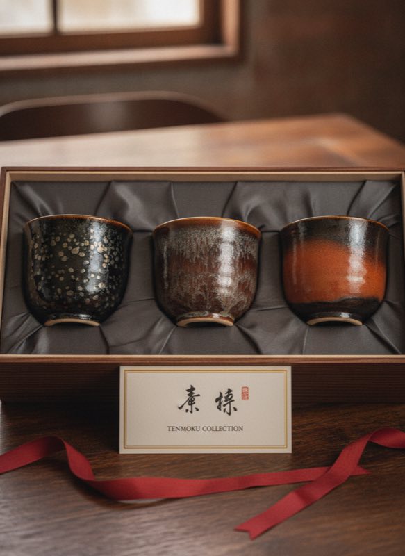 Three different tenmoku tea cups with oil-spot hare fur and yao bian glazes