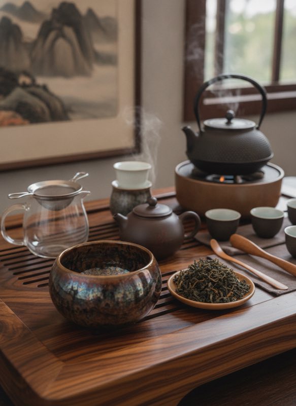Gongfu tea setup with tenmoku bowl and oolong leaves